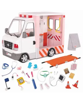 AMBULANCE Pour poupées de 46 cm. 26 accessoires dont certains à fon...