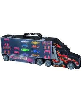 GRAND TRANSPORTEUR + 9 VEHIC DIE CAST  8 autos, 1 camion et des acc...