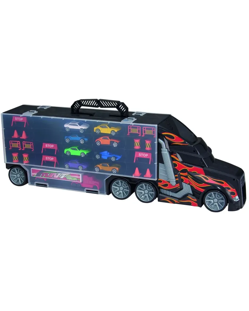 GRAND TRANSPORTEUR + 9 VEHIC DIE CAST  8 autos, 1 camion et des acc...