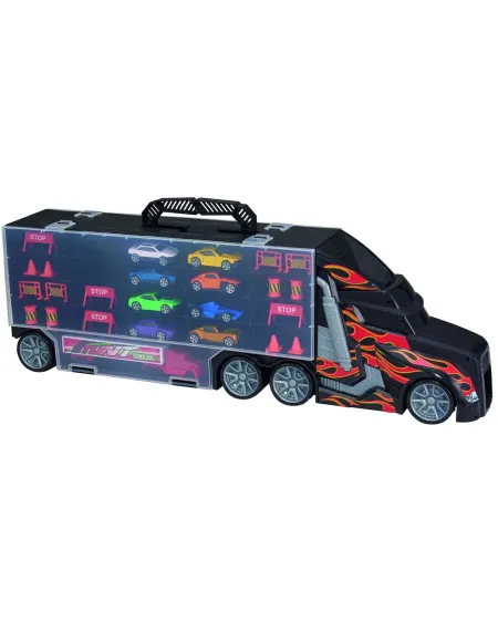 GRAND TRANSPORTEUR + 9 VEHIC DIE CAST  8 autos, 1 camion et des acc...