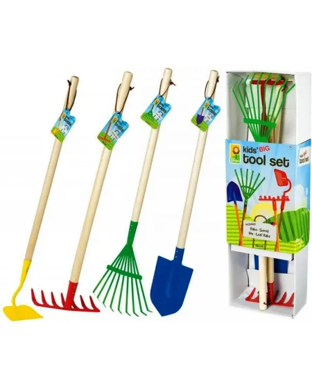 SET 4 GRANDS OUTILS JARDIN BOIS/ACIER  1 pelle, 1 râteau, 1 binette...