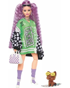 BARBIE EXTRA DOLL MAUVE  1 poupée avec 11 articulations, 1 animal, ...