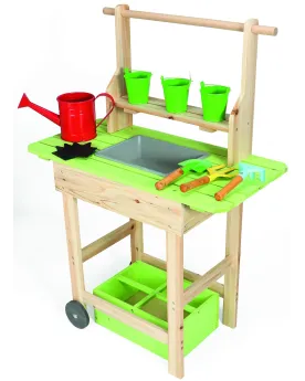 STAND JARDINAGE + ACC.  Structure en bois sur roues. Avec 1 arrosoi...
