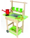 STAND JARDINAGE + ACC.  Structure en bois sur roues. Avec 1 arrosoi...