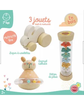 LE COFFRET 3 JOUETS DE MON BEBE  1 lapin à roulettes, 1 souris culb...