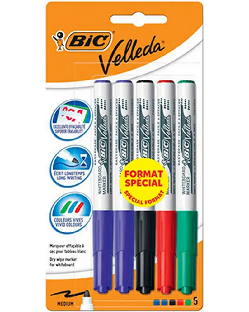 BLISTER 4+1 VELLEDA PRIMAIRE  Feutres effaçables pour tableau. BIC1...