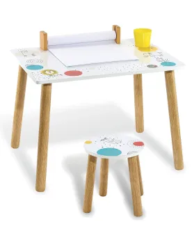 TABLE + CHAISE BOIS  En bois. Surface effaçable. Tabouret inclus. 5...